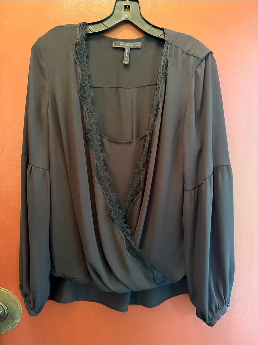 BCBG Black Lace-Trim Surplice Blouse